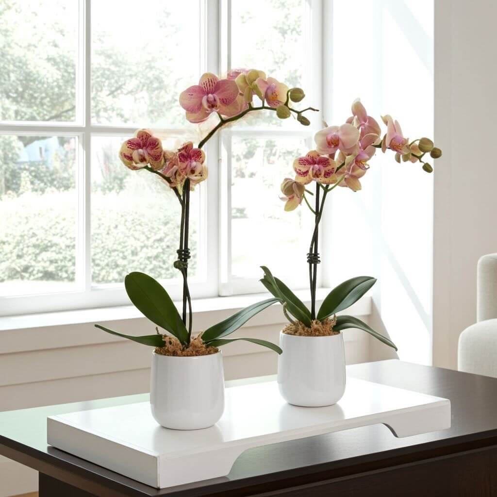 Two potted colourful pink and orange orchids on a table with a window in the background