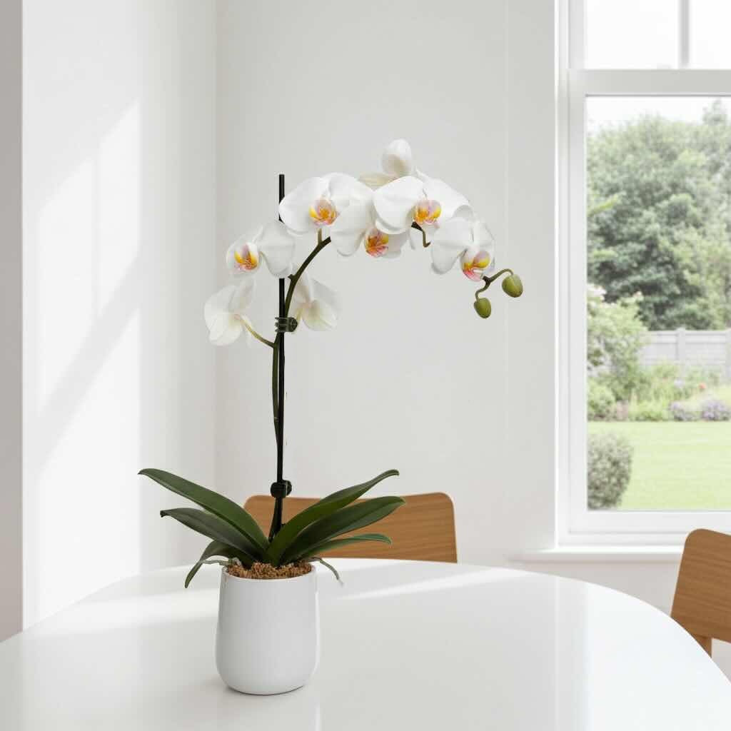 White orchid in a pot on a white table with a window in the background