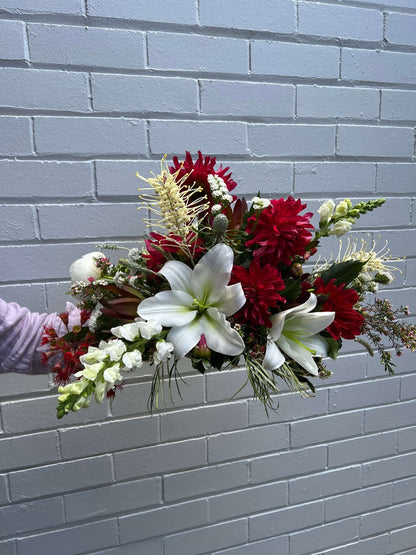 Red, White &amp; Gold Christmas Flowers Table Arrangement